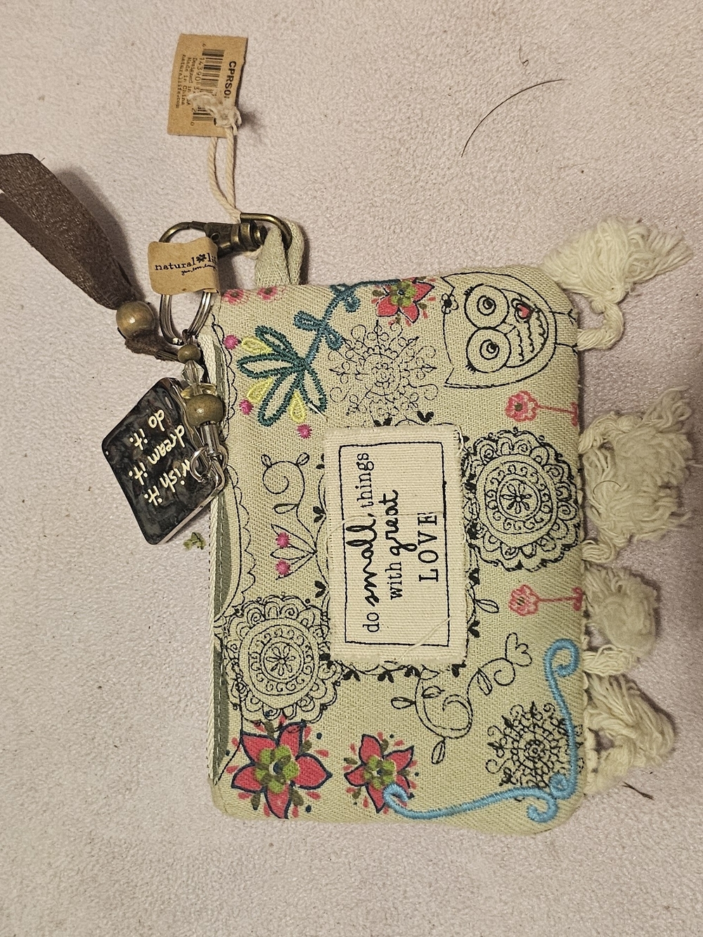 NWT - Natural Life Cream Floral Zip Pouch with Tassels